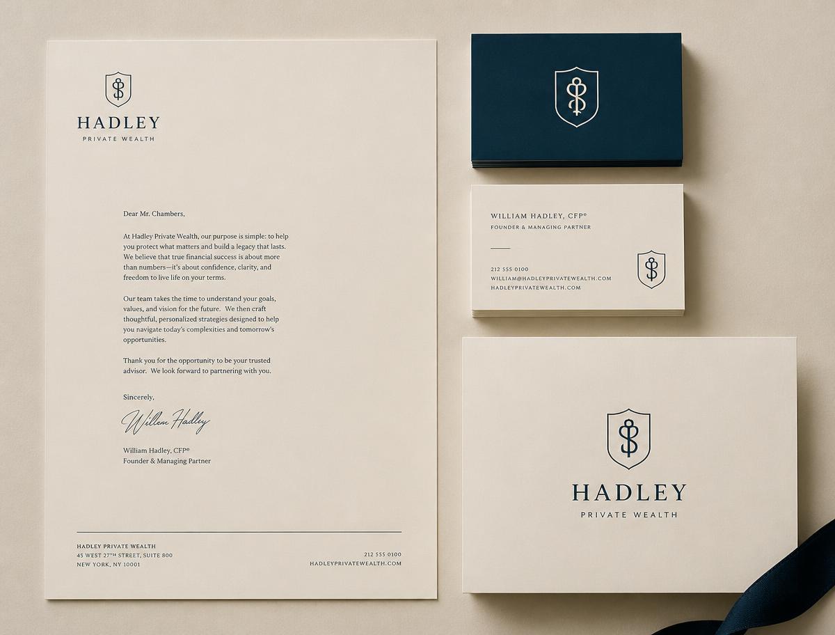 Brand identity system: letterhead, business cards and folder in navy-teal and cream